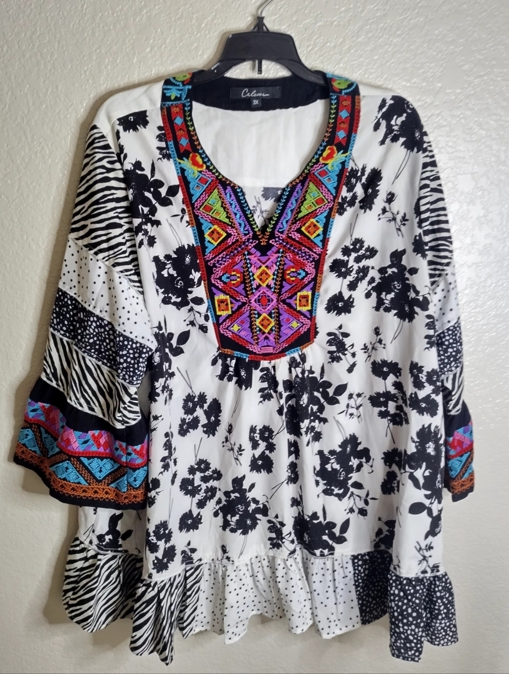 Calessa Embroidered Multi Print Bell Shave V Neck Boho Blouse Sz 3X